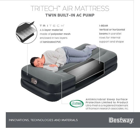 Bestway Camping Air Mattress Single with Integrated Pump 191x97x46cm Gray