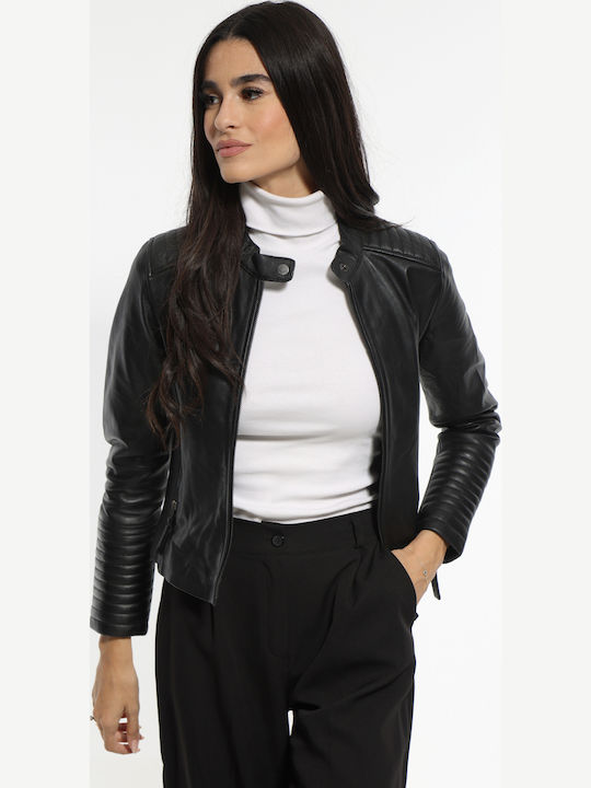 Women's Crop Lifestyle Leather Jacket for Winter Black