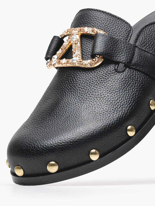 Leder Mules mit Absatz in Schwarz Farbe