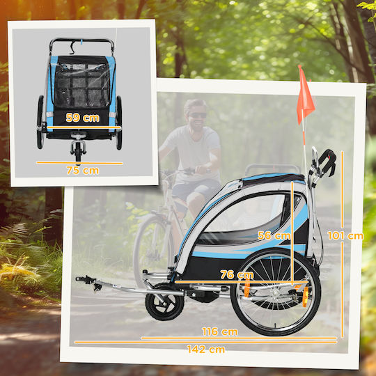 Homcom Fahrradanhänger Kinderwagen 2 in 1 Gurt Taschen Fahne Blau 440-026bu