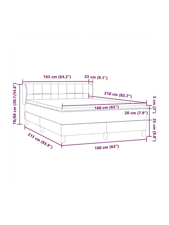 Pat Dublu Tapitat cu Material Gri Închis cu Plăci și Saltea 160x210cm
