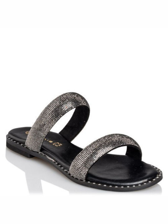 Envie Shoes Leather Women's Flat Sandals in Black Color