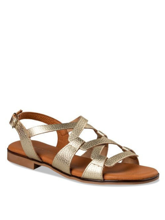 Envie Shoes Leather Women's Flat Sandals with Strap in Gold Color