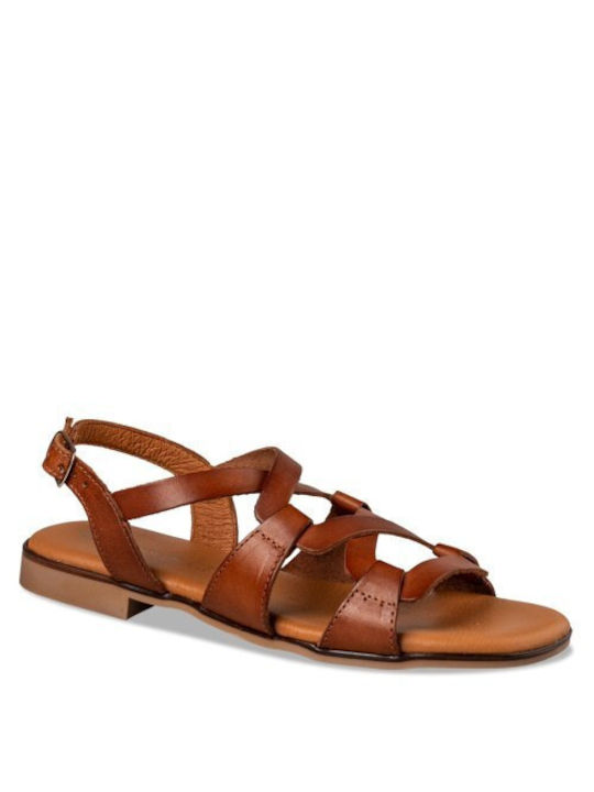 Envie Shoes Leather Women's Flat Sandals with Strap in Brown Color