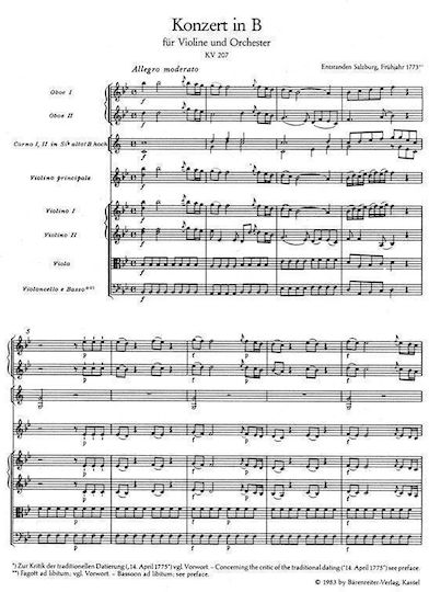 Mozart Concerto Violin Orchestra N.1 In Bb Major Kv207 Pocket Score