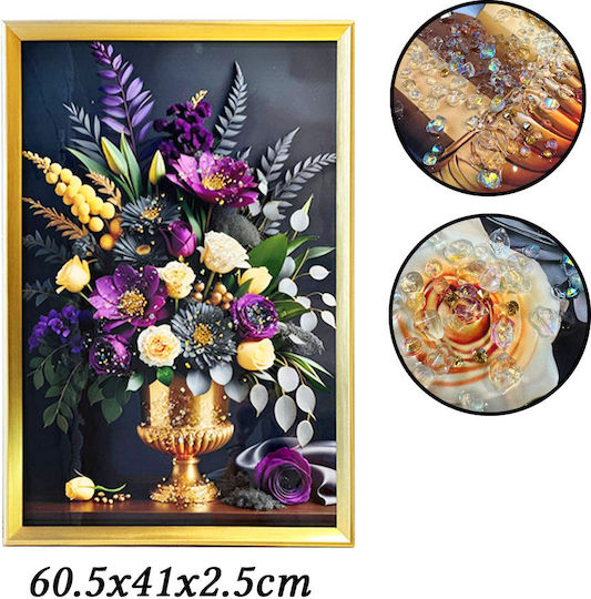 Tablou cu Ramă Aurie Design Pânză Vază cu Flori Multicolore Pietre Reliefate Tip Diamant 60.5x41x2.5cm