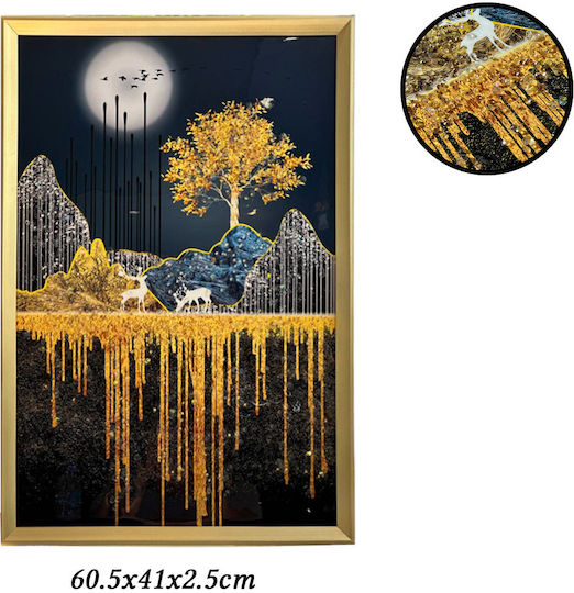 Tablou Pânză cu Ramă Aurie Design Cerb în Natură cu Pietre Reliefate Tip Diamant 60.5x41x2.5cm