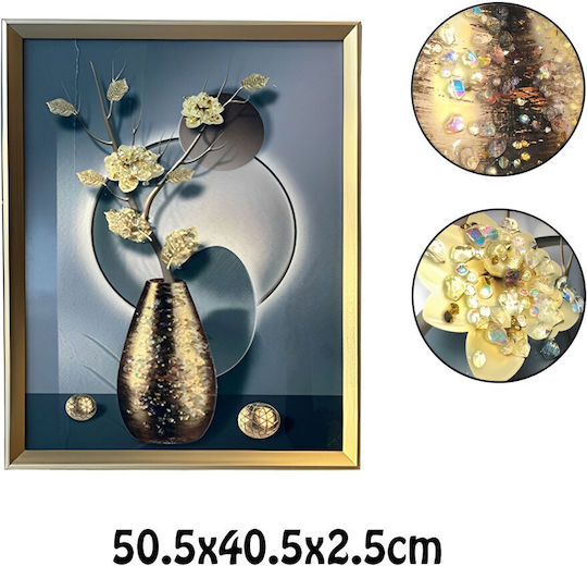 Design Pânză cu Ramă Aurie Flori Galbene în Vază Pietre Reliefate Tip Diamant 50.5x40.5x2.5cm