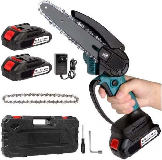 Elektrische Mini-Kettensäge 4-Zoll-Klinge 2 Akkus 48V Zubehörkoffer Schwarz-Blau