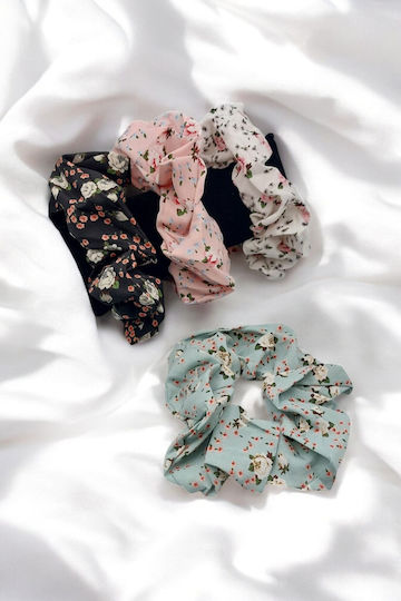 Λαστιχακι Μαλλιων Scrunchie Γαλαζιο Σχεδια Floral Λουλουδια