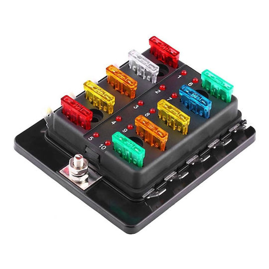 Fuse Box Holder 12v 24v Standard Fuses 10 Positions Waterproof Cover LED Burnt Fuse Indicator Black