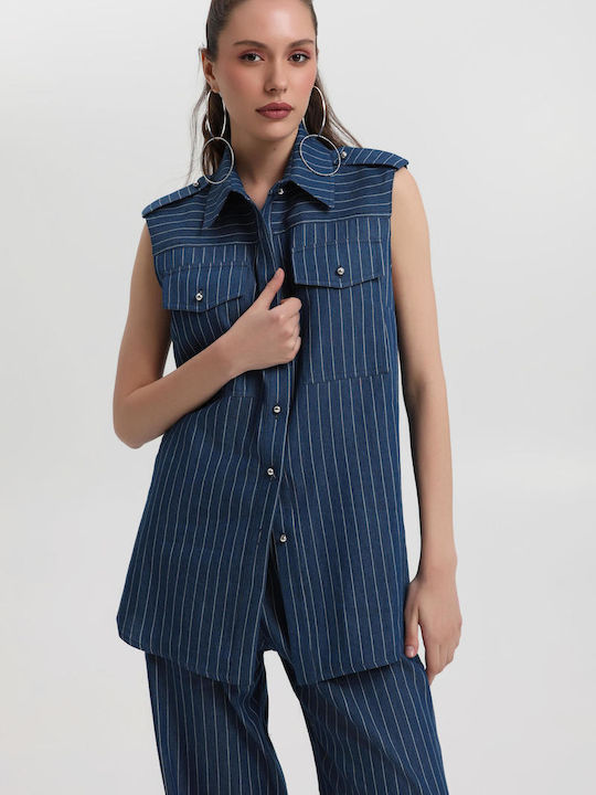 Bill Cost Ärmellos Damen Denim Hemd Blue Gestreift