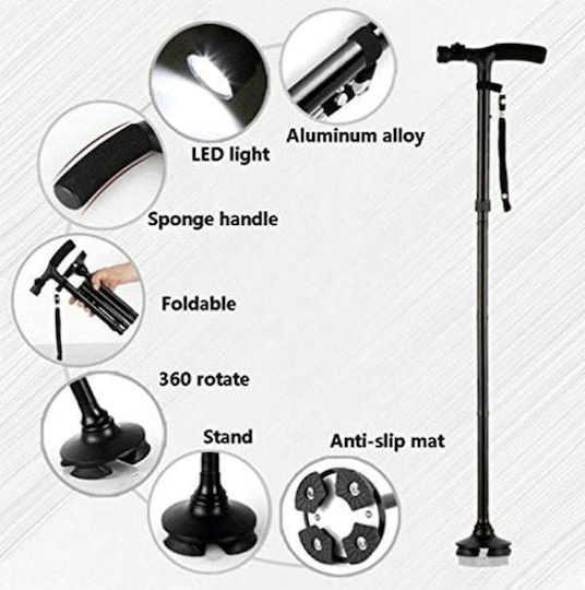 Faltbarer Gehstock mit drehbarem Fuß, LED-Licht & Höhenverstellung – Trusty Cane