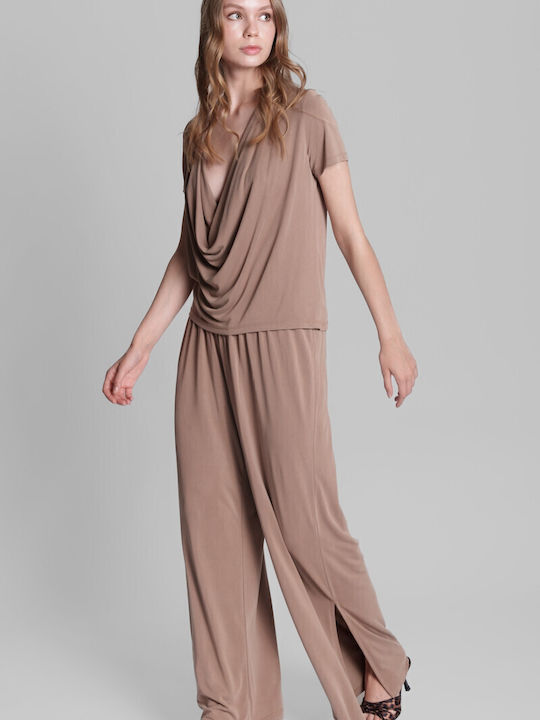 Pants Women's High-waisted Fabric Trousers with Elastic Beige