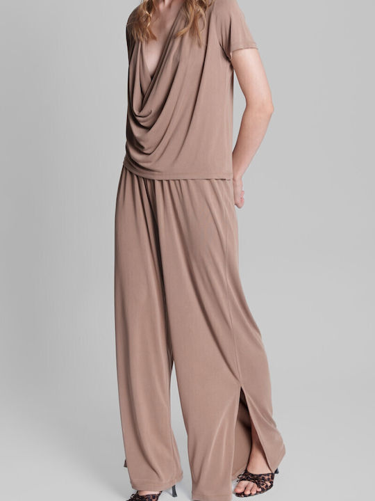 Pants Women's High-waisted Fabric Trousers with Elastic Beige