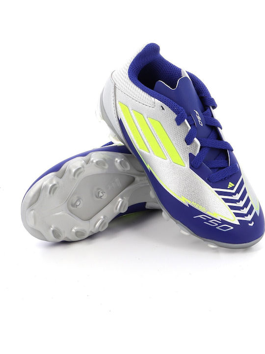 F50 Messi League MG Ghete De Fotbal Pentru Copii Cu Crampoane Argintiu Metalizat Solar Yellow Lucid Blue