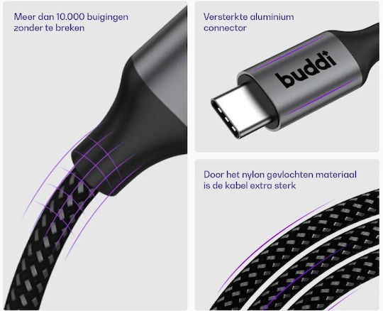Buddi Braided USB 2.0 Cable USB-C male - USB-C 60W Μαύρο 4.5m