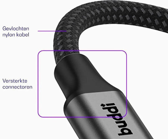 Buddi Braided USB 2.0 Cable USB-C male - USB-C female 60W Μαύρο 3m