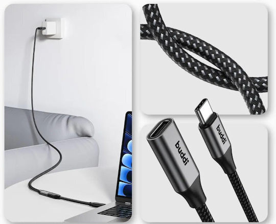Buddi Braided USB 2.0 Cable USB-C male - USB-C female 60W Μαύρο 3m