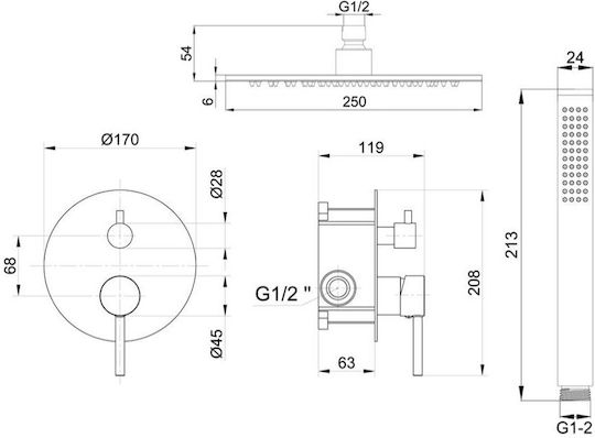 Interflex Μίκτης Μπαταρίας Εντοιχισμού για Ντουζιέρα Ασημί