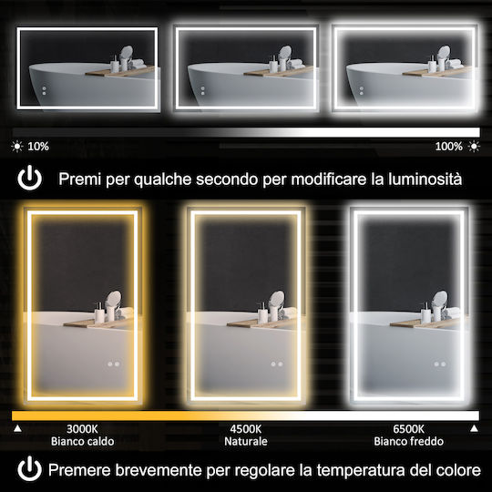 HomCom Правоъгълно Банско Огледало LED Touch с Дължина 100см Бял