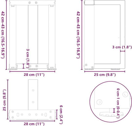 vidaXL Metallic Furniture Leg 2 Pieces Suitable for Table / Coffee Table / Office 28x25x42cm Black