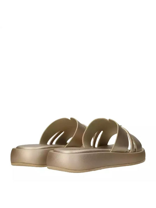 Mexx Leder Flache Sandalen für Damen in Gold Farbe