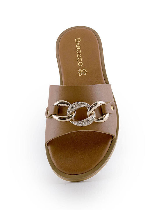 Leather Women's Flat Sandals in Tabac Brown Color