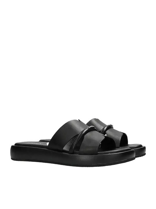 Leather Women's Flat Sandals in Black Color