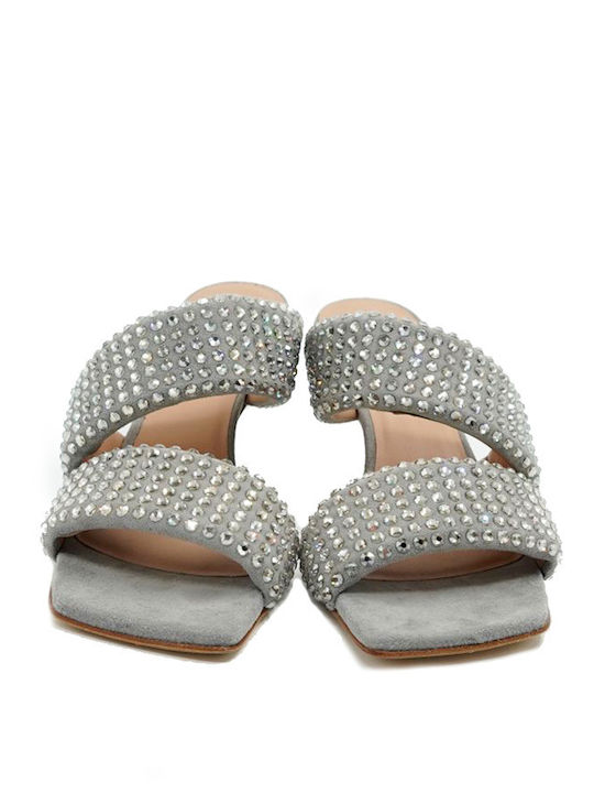 Leather Mules with Thin Low Heel in Gray Color