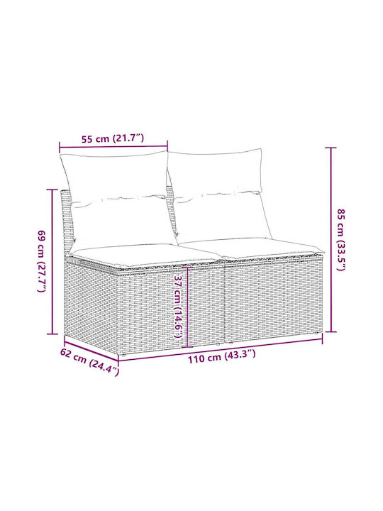 Two-Seater Outdoor Rattan Sofa with Cushions 55x55x69cm