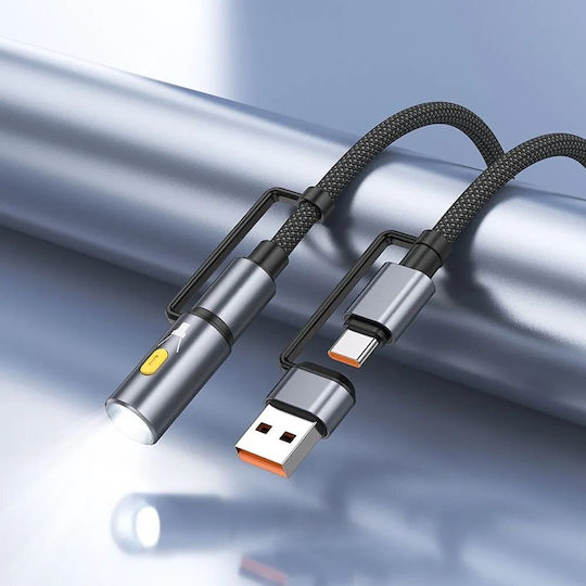 Hoco U138 LED / Braided USB 2.0 Cable USB-C male - USB-C / USB-A 60W Μαύρο 1.2m