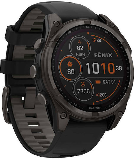 Garmin Fenix 8 Solar Titan 47mm Rezistent la apă Smartwatch cu Pulsometru (Sapphire, Carbon Grey Dlc Titanium With Black/pebble Grey Silicone Band)