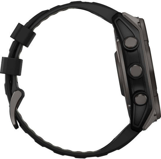 Garmin Fenix 8 Solar Титан 51мм Водоустойчив Смартчасовник с Пулсомер (Sapphire, Carbon Grey Dlc Titanium With Black/pebble Grey Silicone Band)
