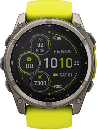 Garmin Fenix 8 Solar Titanium 51mm Waterproof Smartwatch with Heart Rate Monitor (Sapphire, Titanium With Amp Yellow/Graphite Silicone Band)