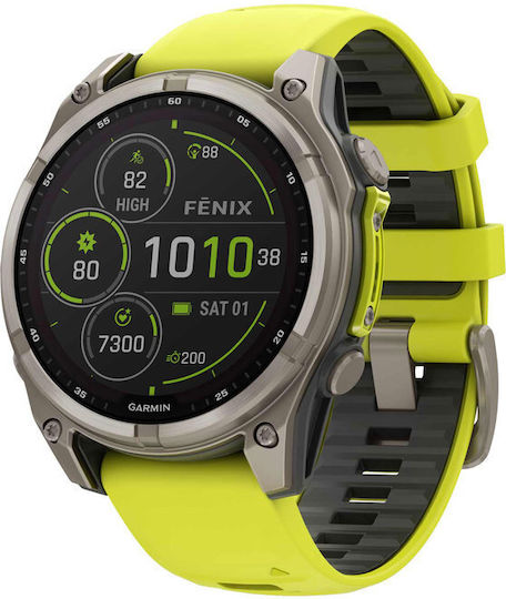 Garmin Fenix 8 Solar Titanium 47mm Αδιάβροχο Smartwatch με Παλμογράφο (Sapphire, Titanium With Amp Yellow/Graphite Silicone Band)
