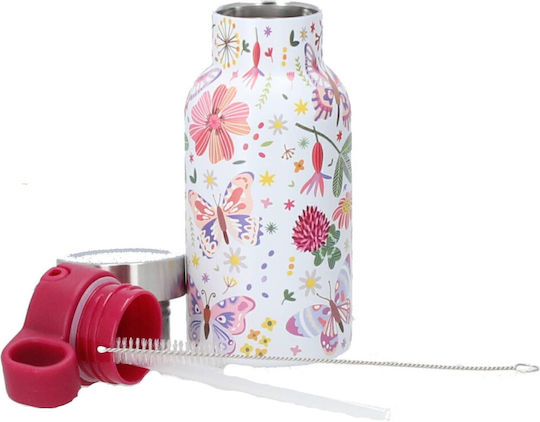 Bioloco Sky Sticlă Pentru Copii Termos Din Oțel Inoxidabil Cu Tematică Fluturi Cu Capac Cu Filet Antivărsare Multicolor 350ml
