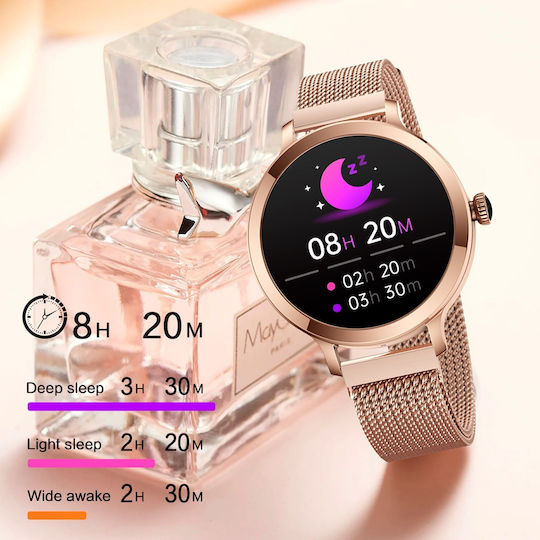 Aoke NX7 Smartwatch με Παλμογράφο (Ροζ - Χρυσή Κάσα / Ροζ - Χρυσό Μεταλλικό Λουρί)
