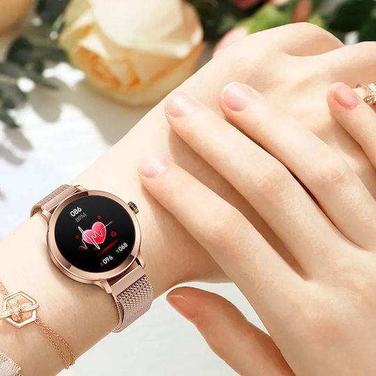 Aoke NX7 Smartwatch με Παλμογράφο (Ροζ - Χρυσή Κάσα / Ροζ - Χρυσό Μεταλλικό Λουρί)