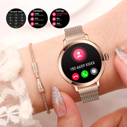 Aoke NX7 Smartwatch με Παλμογράφο (Ροζ - Χρυσή Κάσα / Ροζ - Χρυσό Μεταλλικό Λουρί)