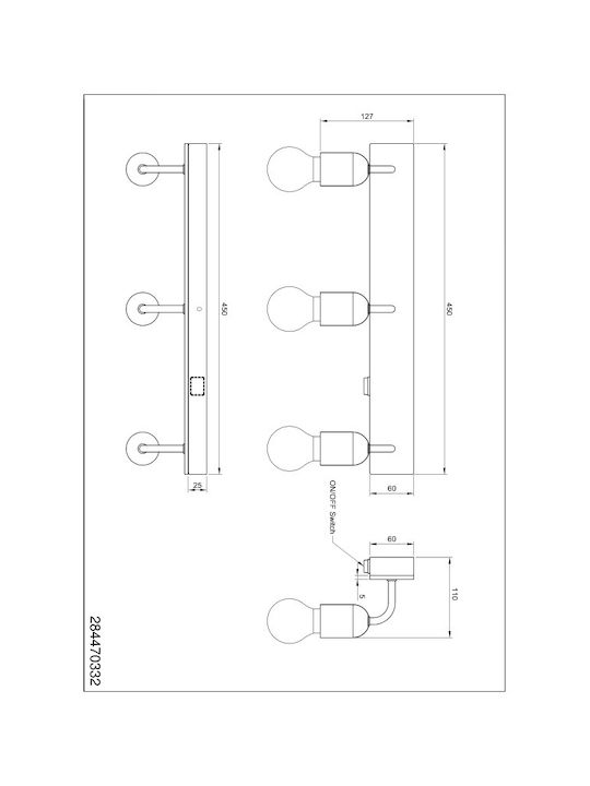 Trio Lighting Modern Lamp Bathroom with Socket E27 and Switch Beige 45x11x11cm