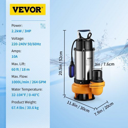 Submersible Pump Float Stainless Steel Flow Rate 60000 L H 2200 W Outlet 3” Height 18 M Ipx8 Power Cable Length 10 M