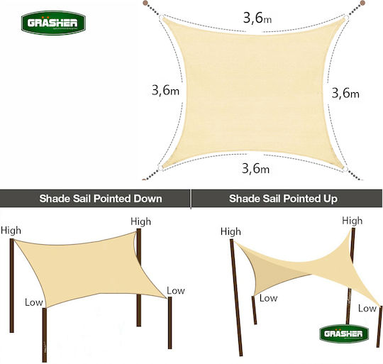 Grasher Ε220 Square Shade Sail Beige With Hoop 3.6x3.6m 180gr/m²