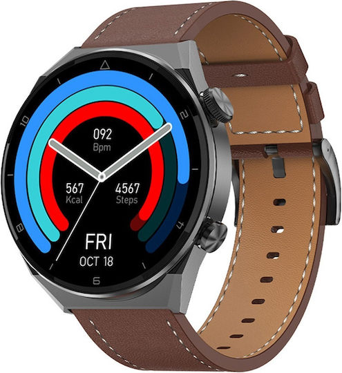 NO.1 DT3 PRO Max Smartwatch with Heart Rate Monitor (Silver Case / Brown Leather Strap)