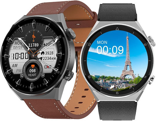 NO.1 DT3 PRO Max Smartwatch with Heart Rate Monitor (Silver Case / Brown Leather Strap)