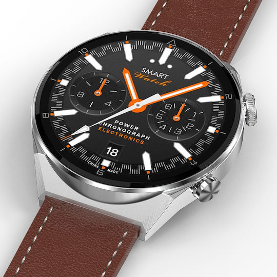 NO.1 DT3 PRO Max Smartwatch with Heart Rate Monitor (Silver Case / Brown Leather Strap)