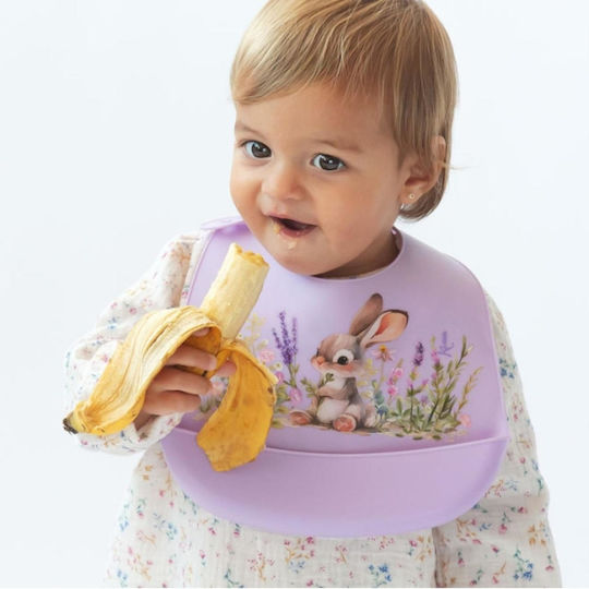 Kiokids Bunny Wasserdicht Lätzchen Silikon mit Taste & Tasche Lavender für 4 m+