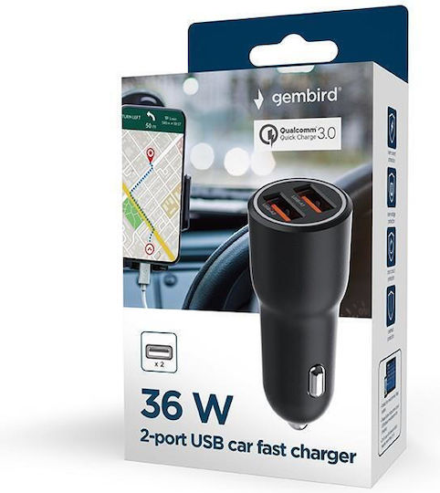 Gembird Автомобилен Заряден Устройство 36W с Портове 2xUSB-A Черен Цвят