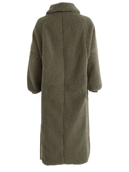 DKNY Women's Sherpa Long Coat with Zipper Green