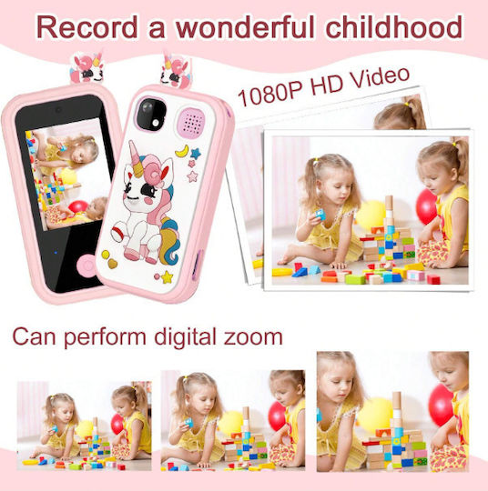 Telefon Inteligent pentru Copii Ecran Tactil HD Cameră Duală Unicorn Cameră Video Digitală HD Husă de Protecție din Silicon Unicorn +6 B01-uni Roz